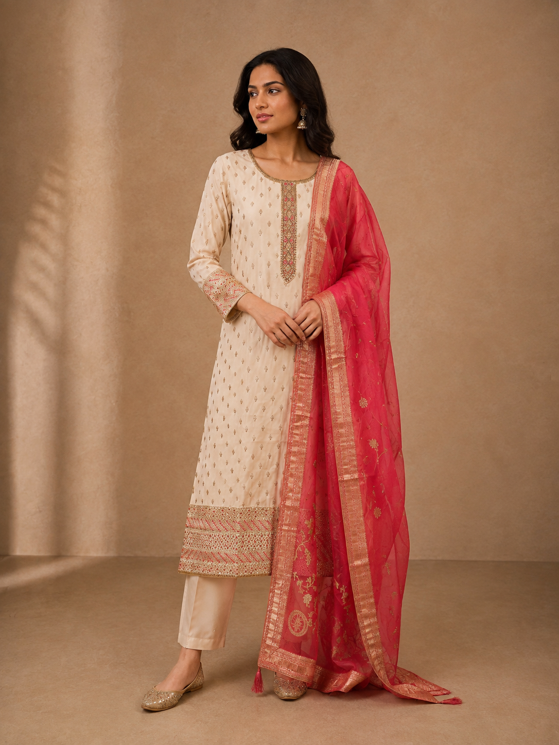 Ivory Silk Embroidered Kurta Set with Pink Banarasi Silk Dupatta